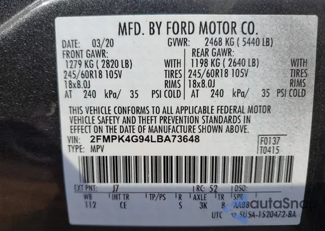 2020 Ford Edge Se из США, поврежденный, VIN 2FMPK4G94LBA73648